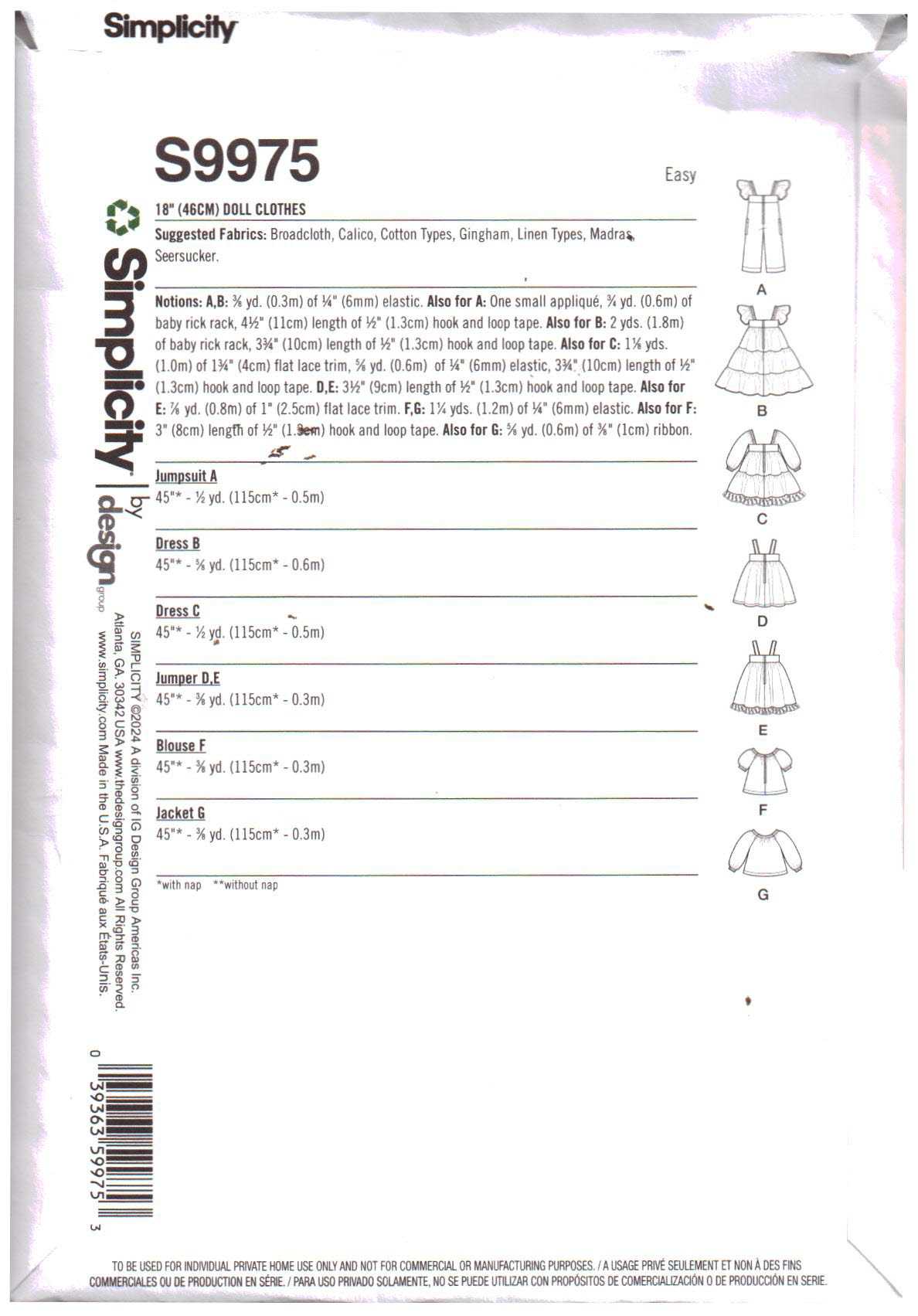 Simplicity S9975 Doll Clothes Size: 18" Uncut Sewing Pattern - Image 2