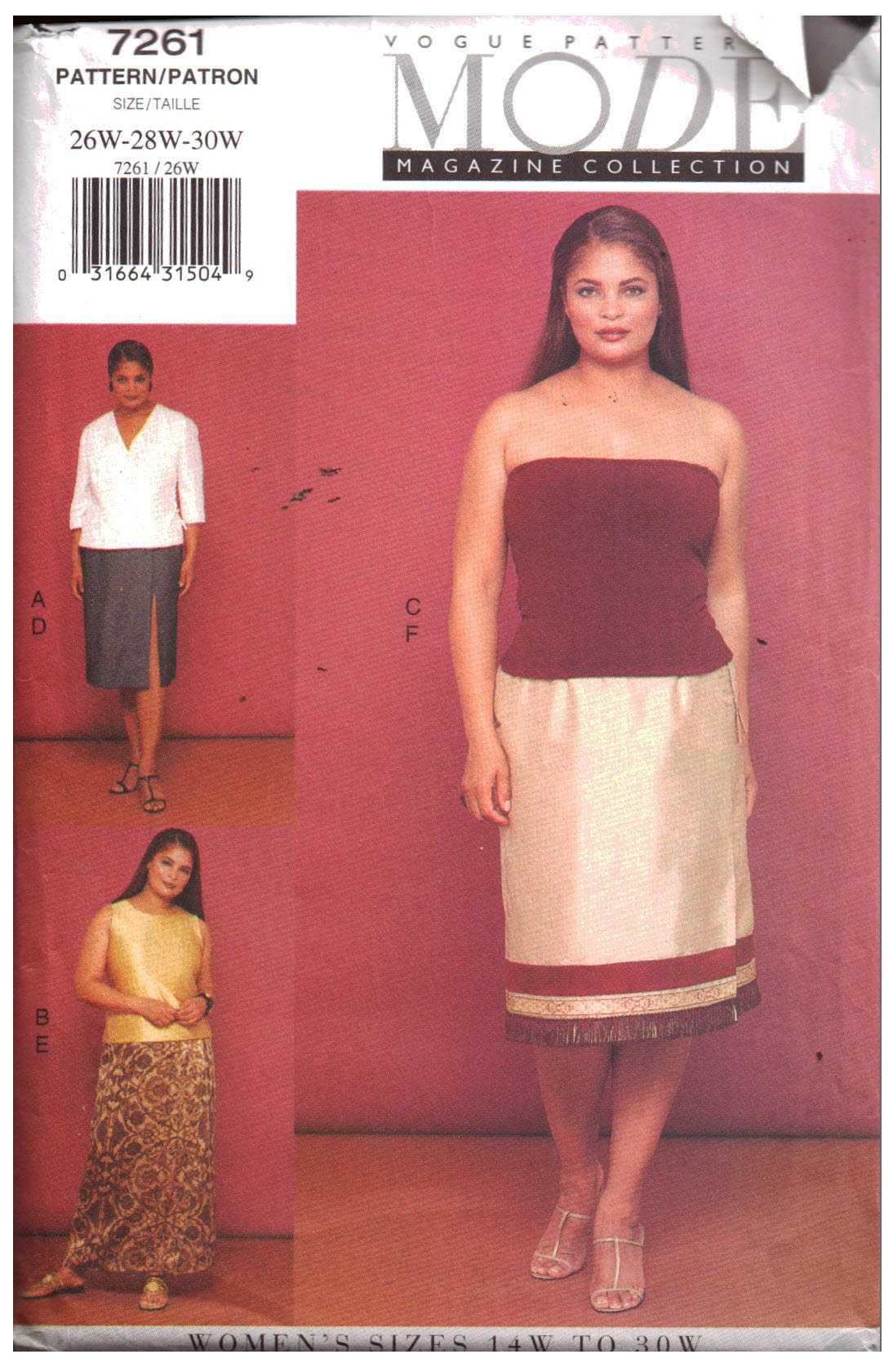 Vogue 7261 Top, Skirt Size: 26W-28W-30W Uncut Sewing Pattern