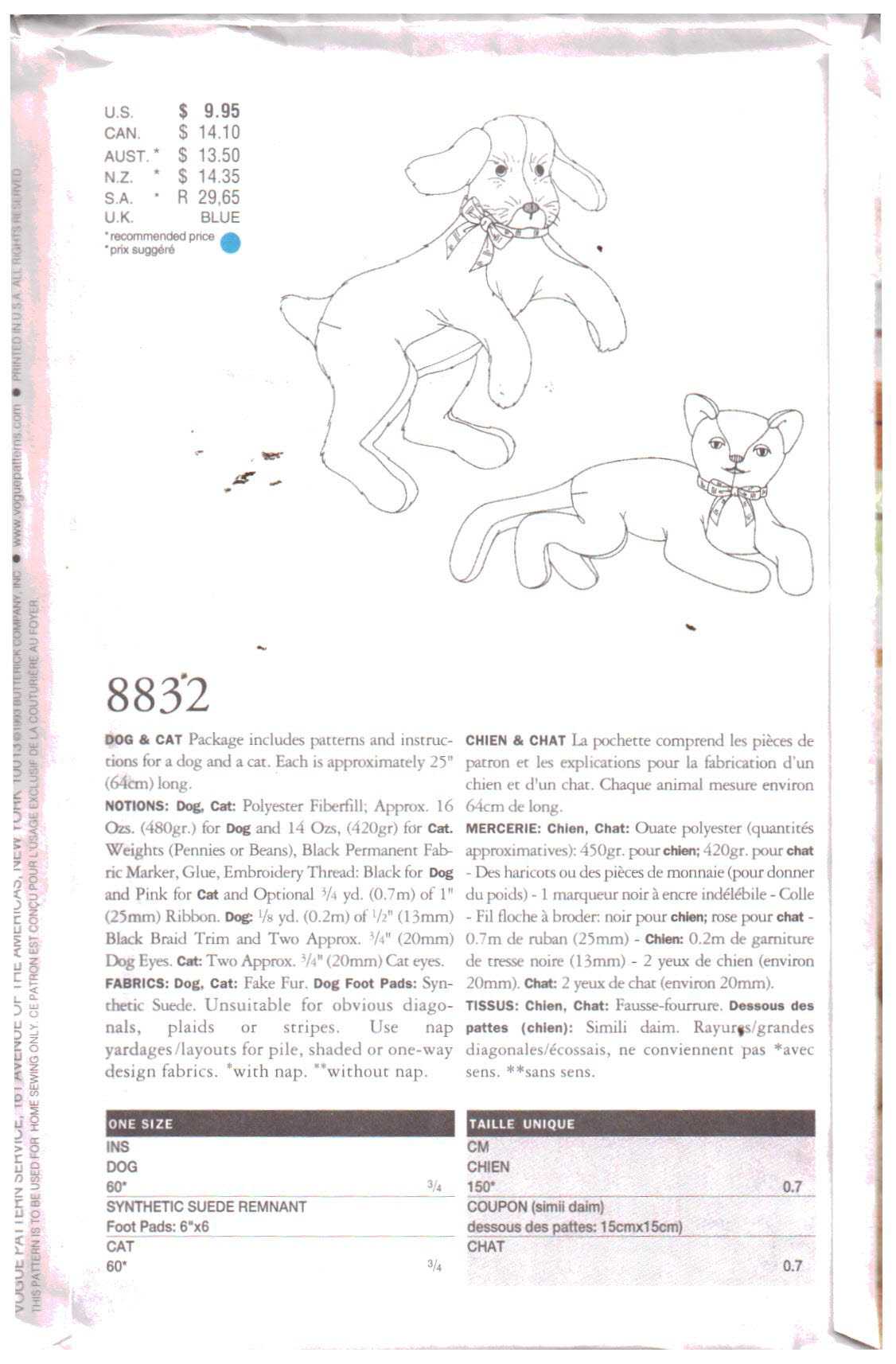 Vogue 8832 Soft Toy - Dog, Cat Size: One Uncut Sewing Pattern - Image 2