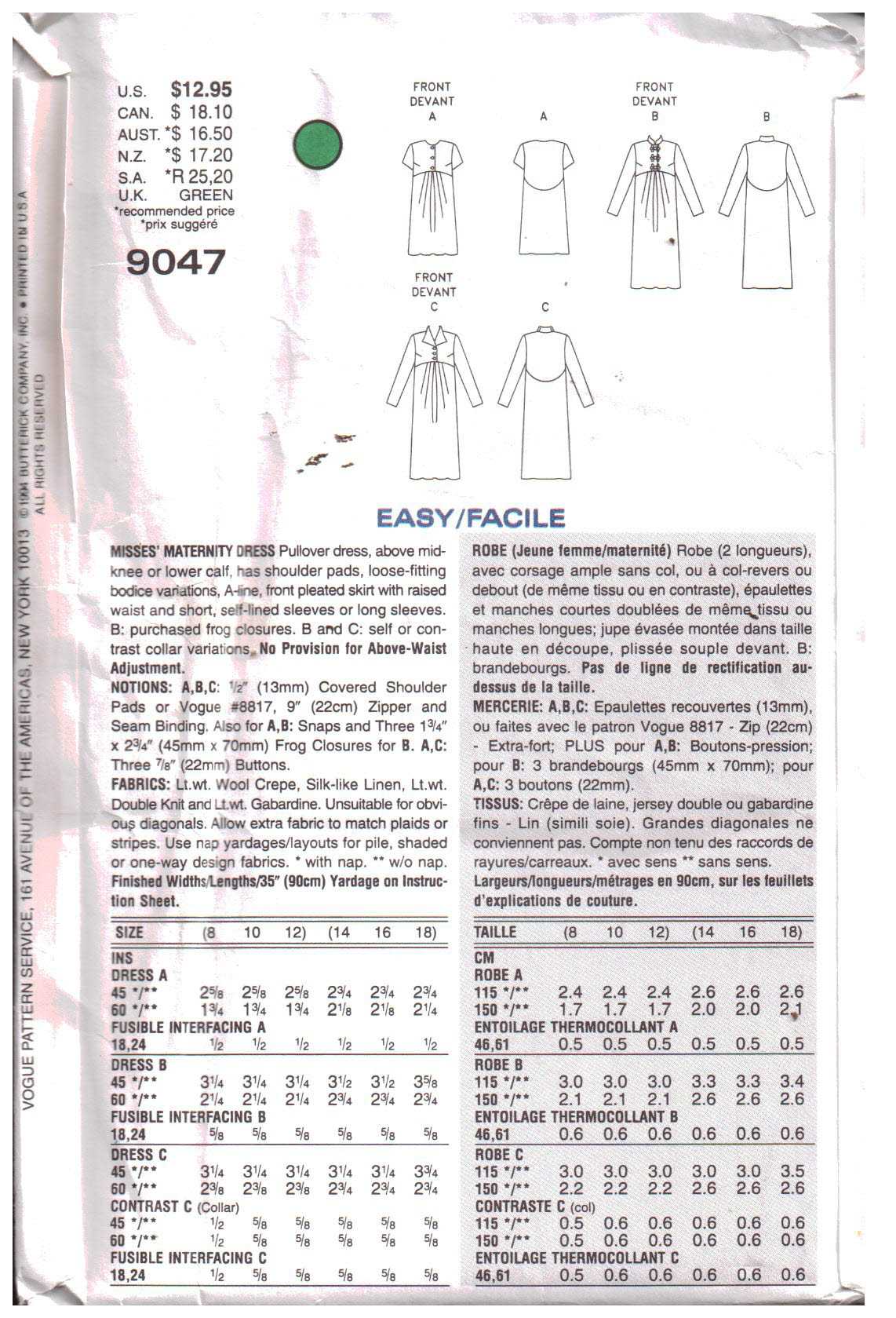 Vogue 9047 Maternity Dress Size: 14-16-18 Uncut Sewing Pattern - Image 2