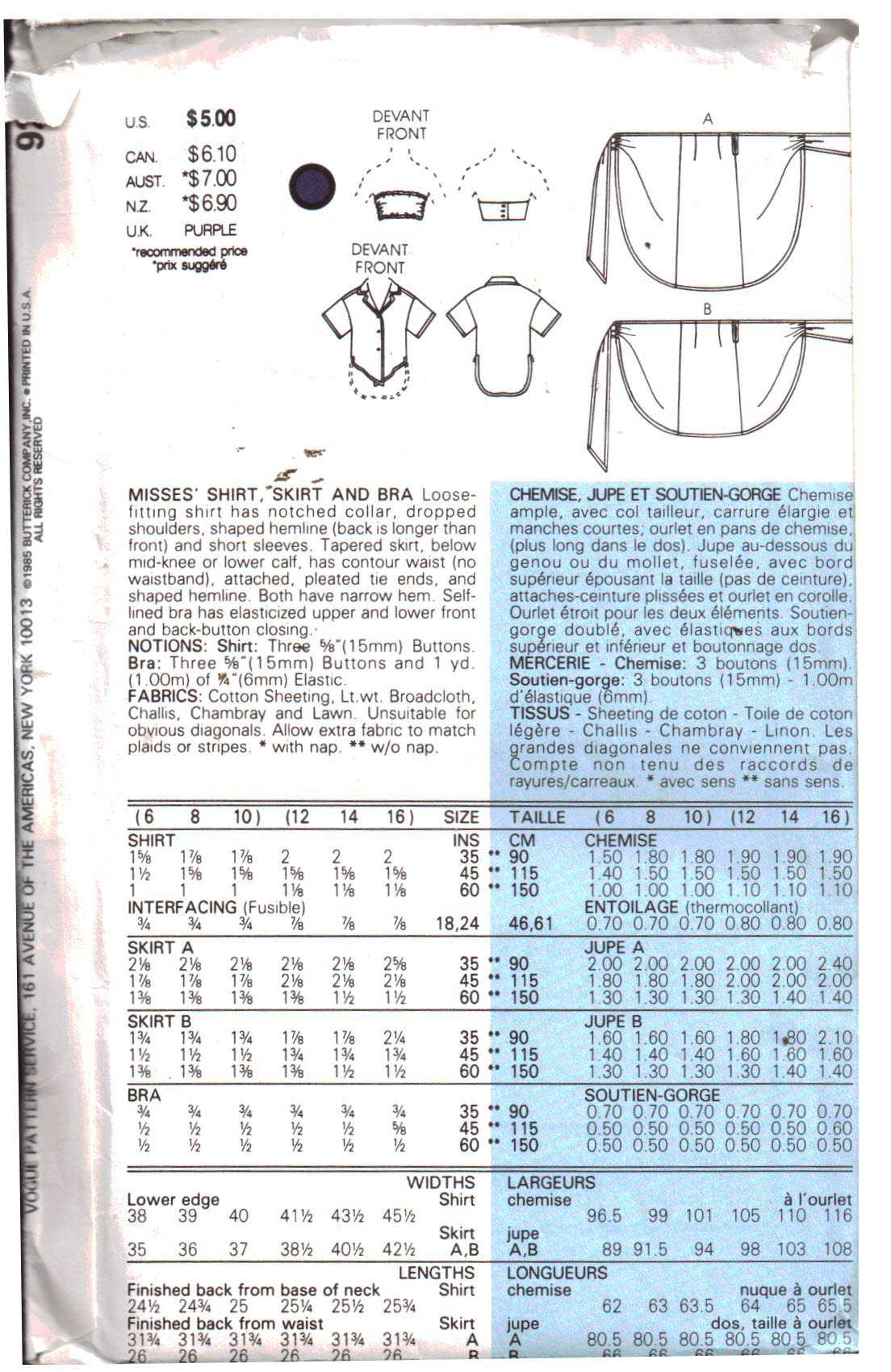 Vogue 9298 Shirt, Skirt, Bra Size: 6-8-10 Uncut Sewing Pattern - Image 2