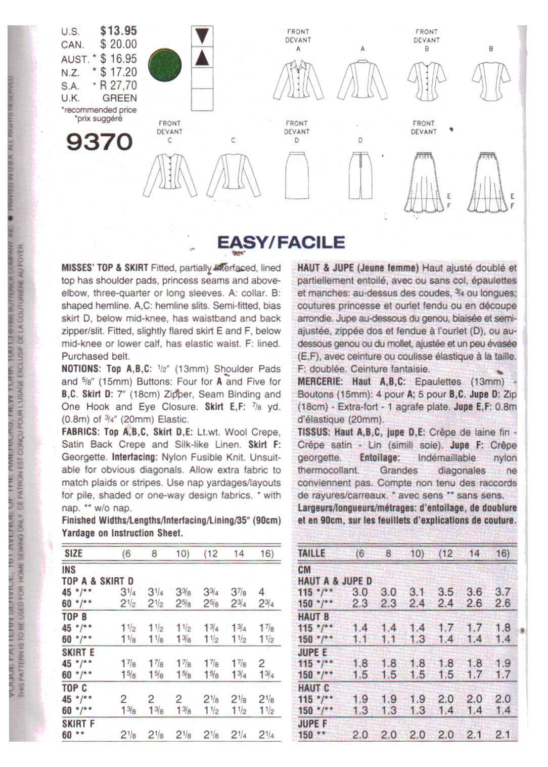 Vogue 9370 Suit - Top, Skirt Size: 6-8-10 Uncut Sewing Pattern - Image 2