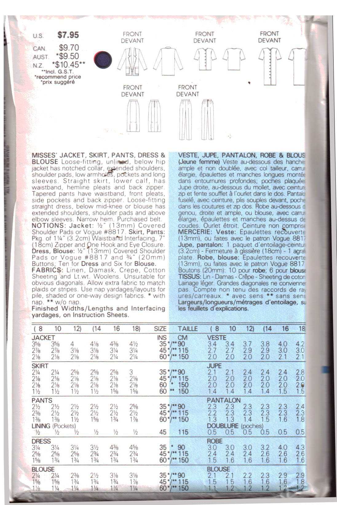 Vogue 9823 Jacket, Skirt, Pants, Dress, Blouse Size: 8-10-12 Uncut Sewing Pattern - Image 2