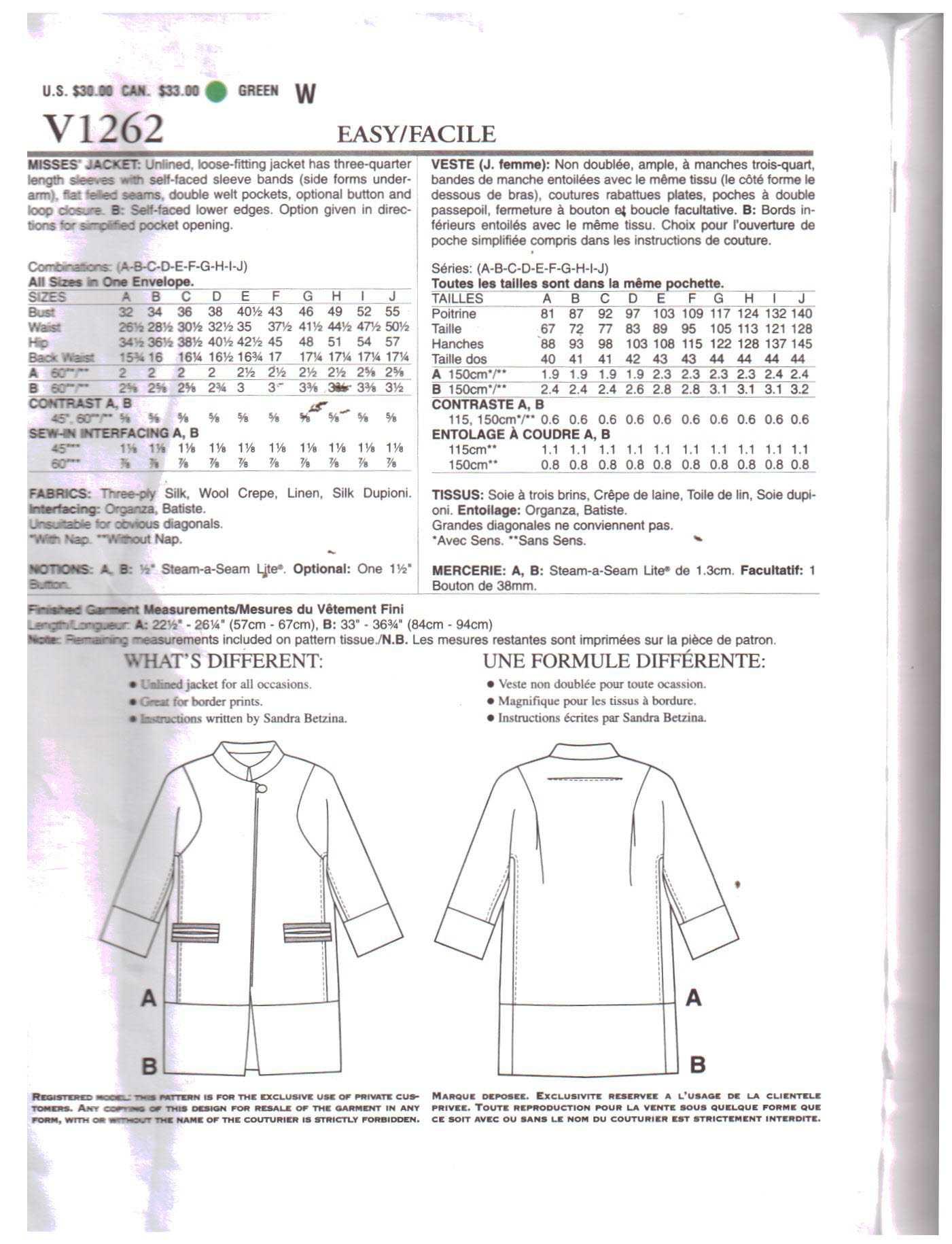 Vogue V1262 Jacket by Sandra Betzina Size: OSZ Uncut Sewing Pattern - Image 2