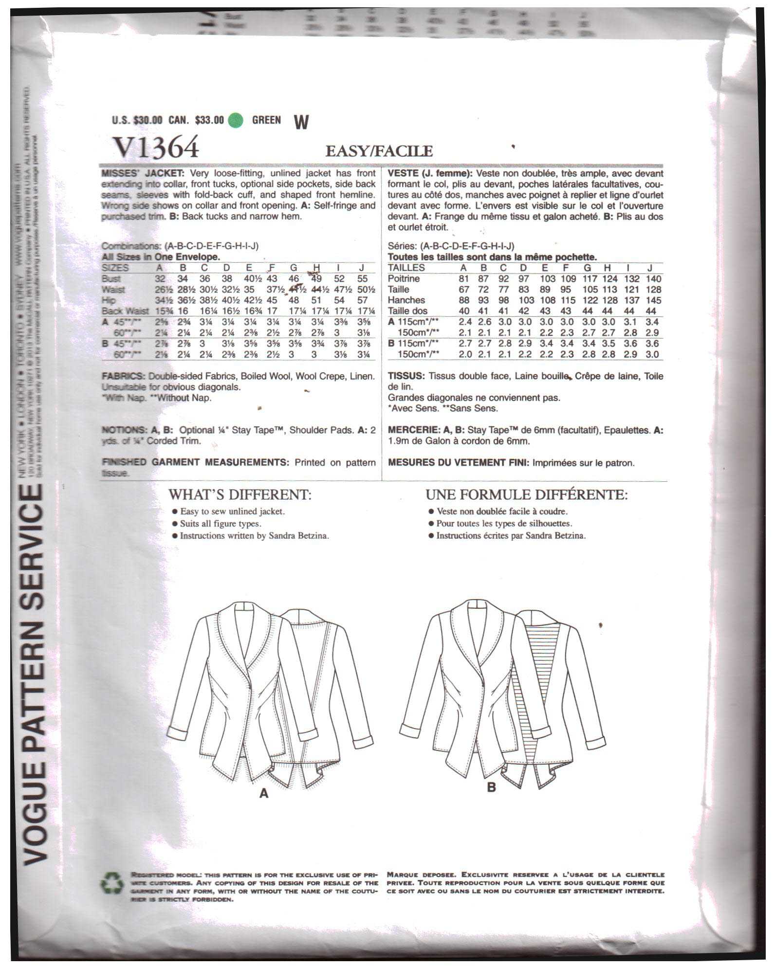 Vogue V1364 Jacket by Sandra Betzina Size: OSZ Uncut Sewing Pattern - Image 2