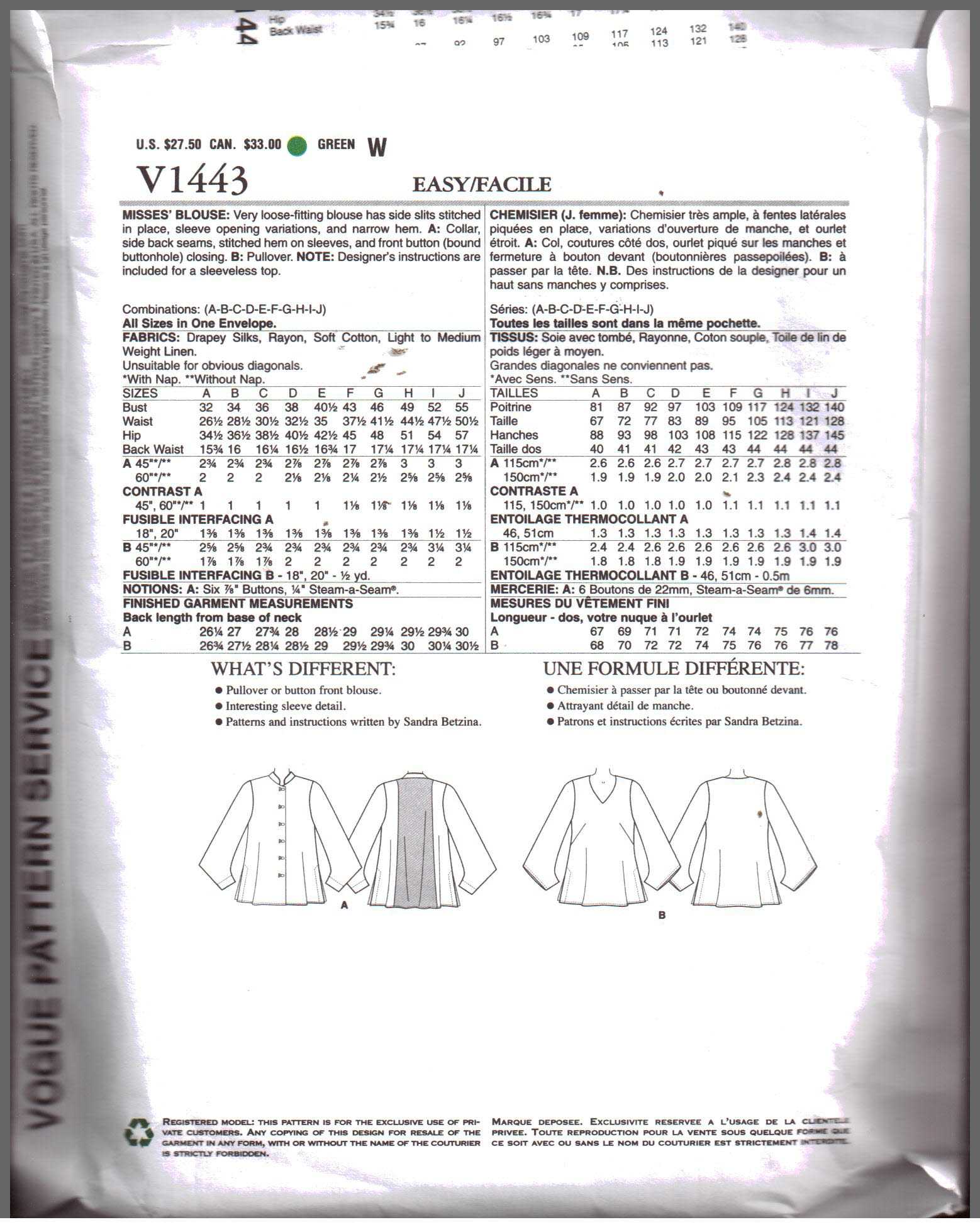 Vogue V1443 Blouse by Sandra Betzina Size: OSZ Uncut Sewing Pattern - Image 2