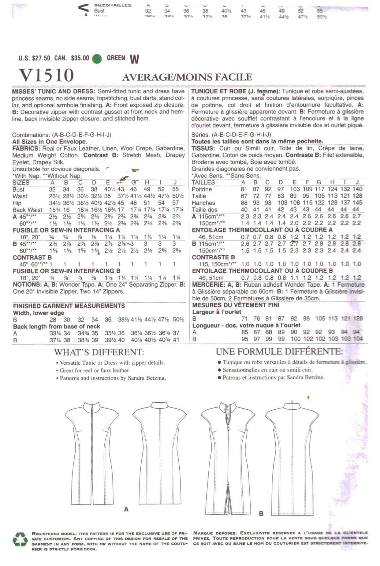 Vogue V1510 Tunic, Dress by Sandra Betzina Size: OSZ Uncut Sewing Pattern - Image 2