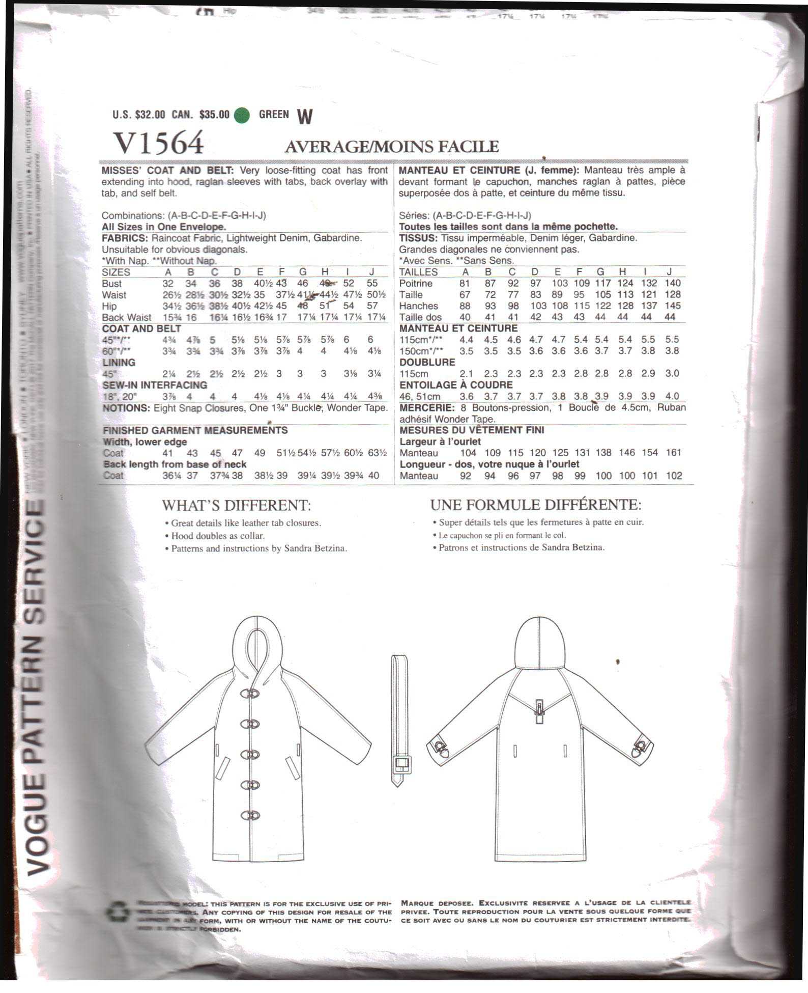 Vogue V1564 Coat by Sandra Betzina Size: OSZ Uncut Sewing Pattern - Image 2