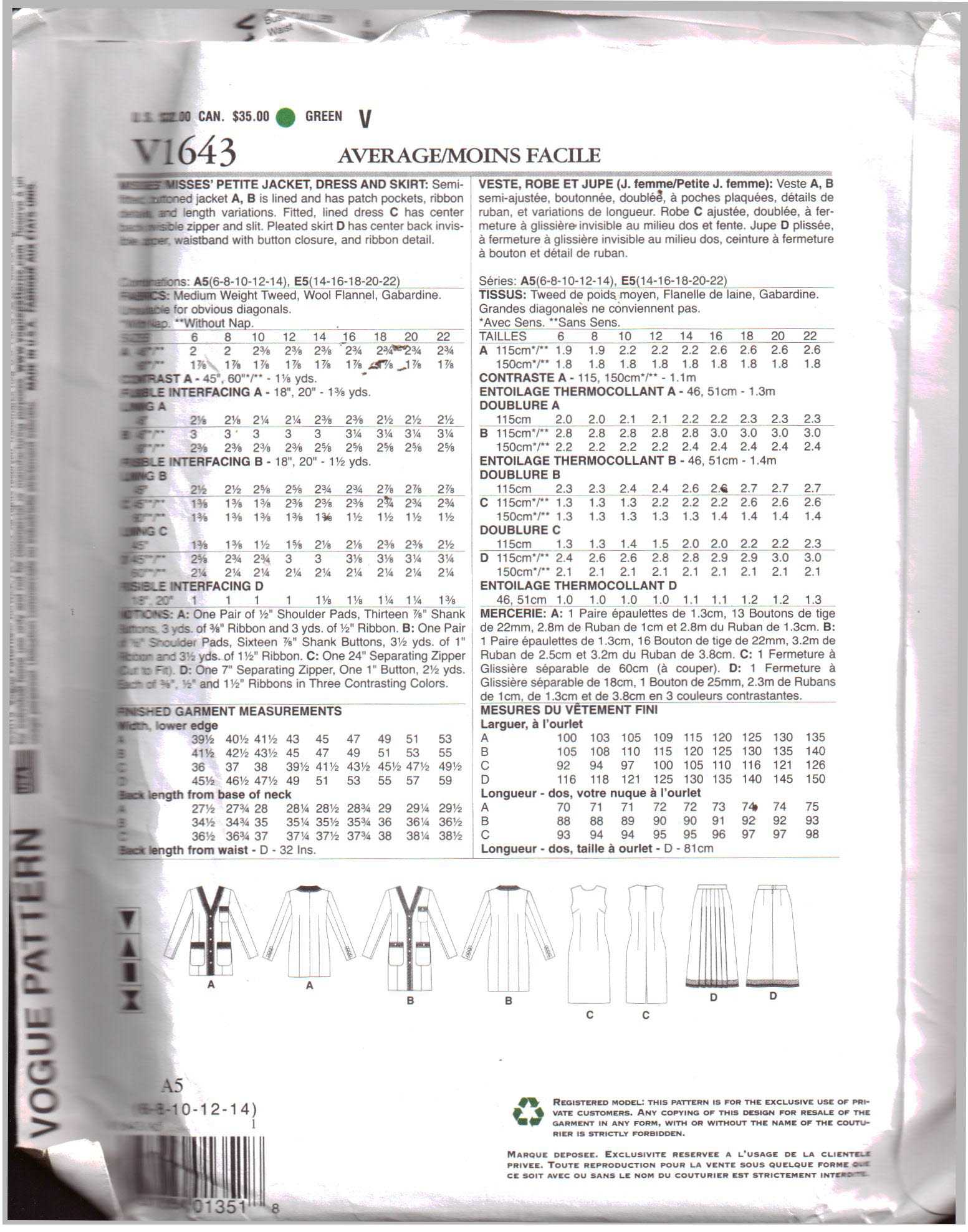 Vogue V1643 Jacket, Dress, Skirt Size: A5 6-8-10-12-14 Uncut Sewing Pattern - Image 2