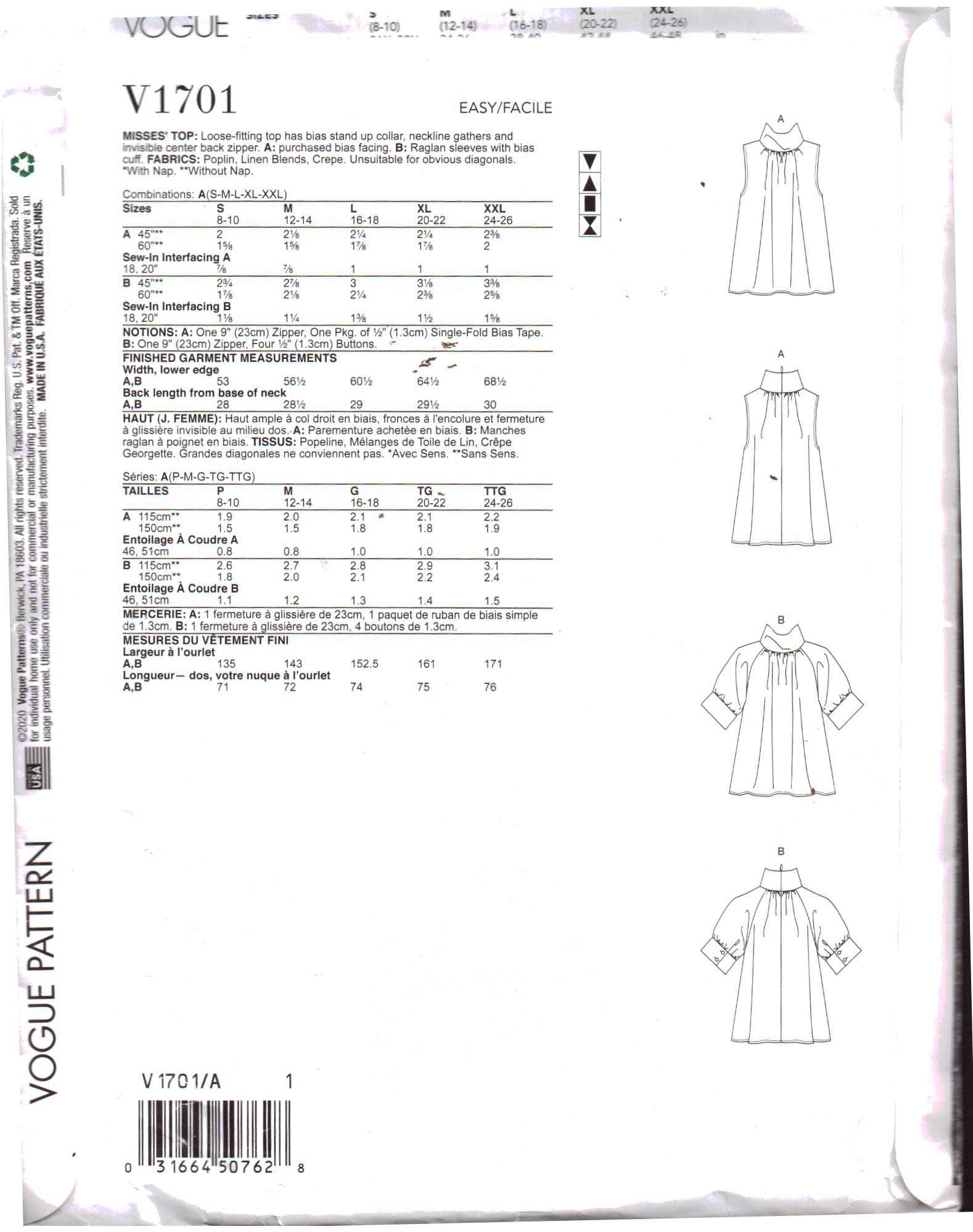 Vogue V1701 Top A S-M-L-XL-XXL Uncut Sewing Pattern - Image 2