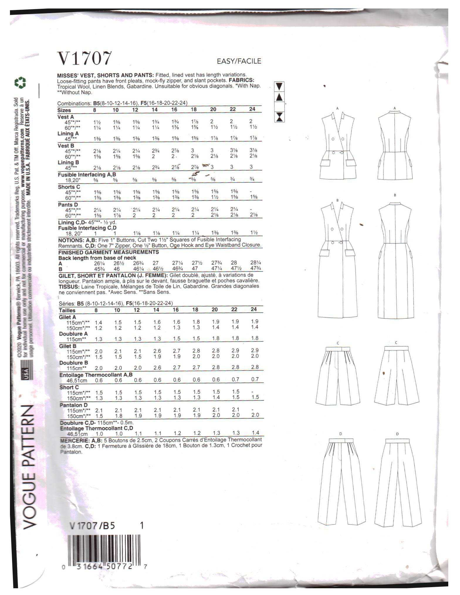 Vogue V1707 Vest, Shorts, Pants Size: B5 8-10-12-14-16 Uncut Sewing Pattern - Image 2