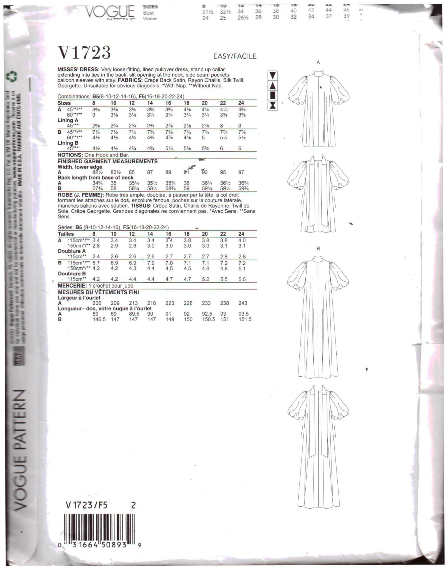 Vogue V1723 Dress Size: F5 16-18-20-22-24 Uncut Sewing Pattern - Image 2