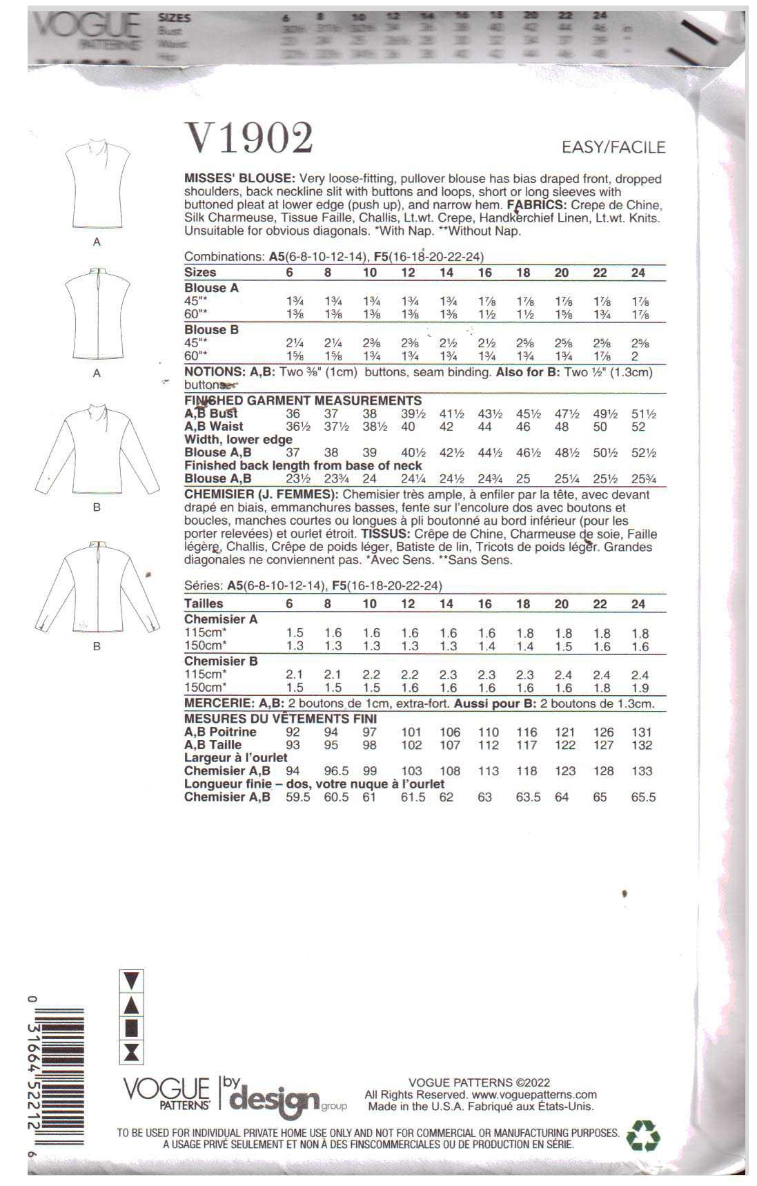 Vogue V1902 Blouse Size: F5 16-18-20-22-24 Uncut Sewing Pattern - Image 2