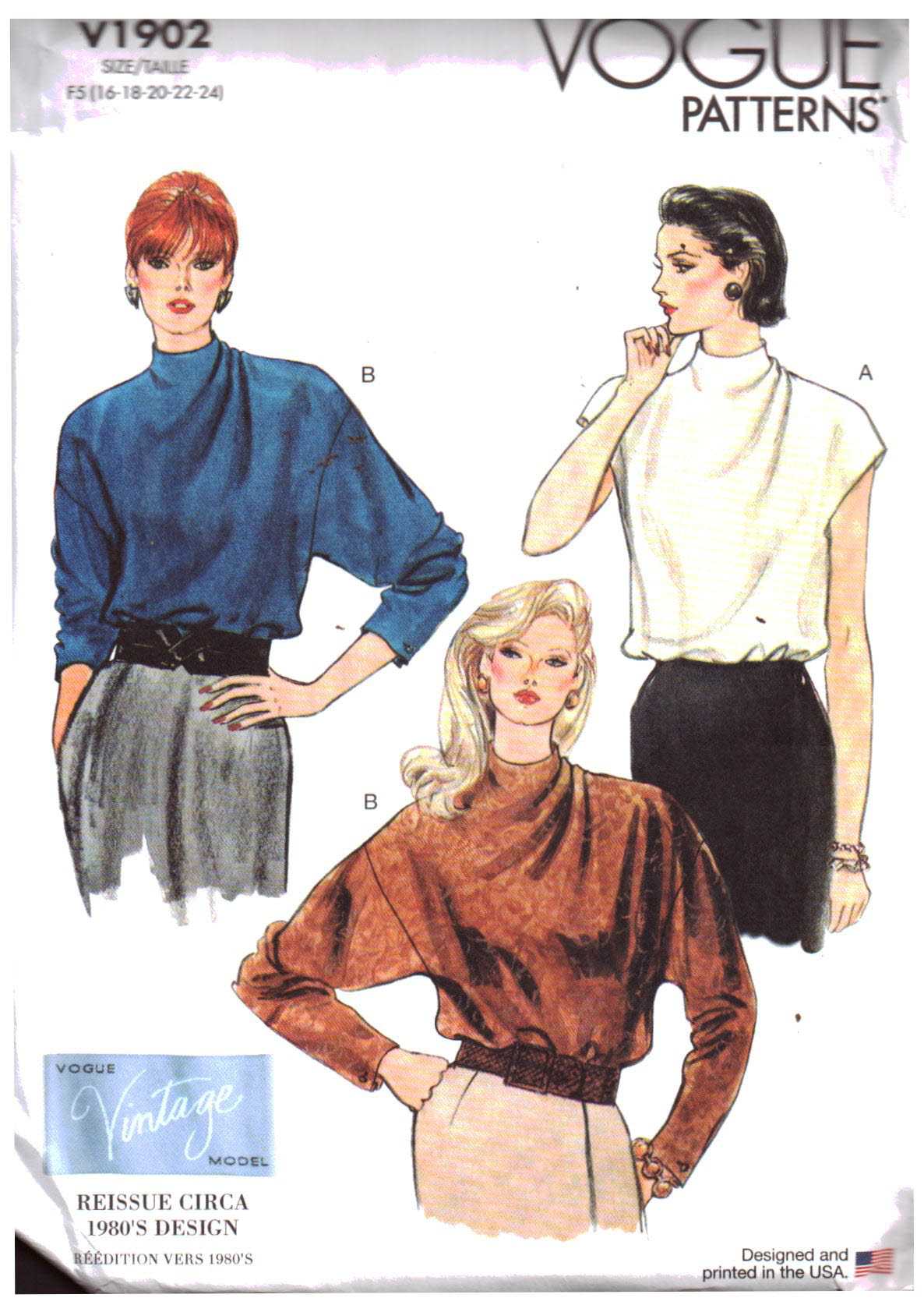Vogue V1902 Blouse Size: F5 16-18-20-22-24 Uncut Sewing Pattern
