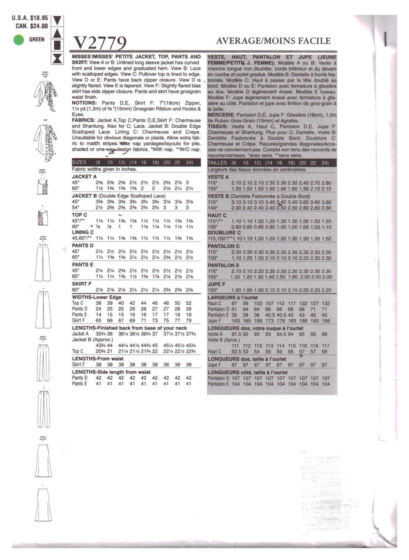 Vogue V2779 Jacket, Top, Pants, Skirt Size: 14-16-18 Uncut Sewing Pattern - Image 2
