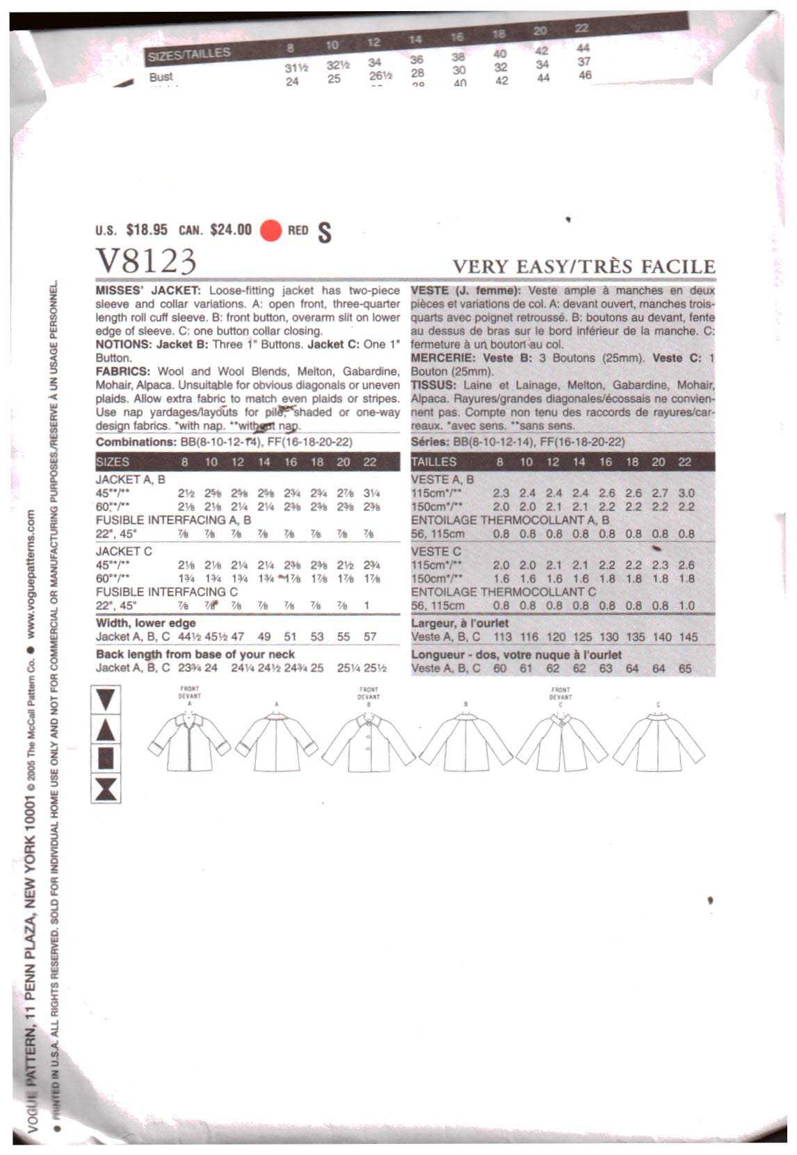 Vogue V8123 Jacket Size: BB 8-10-12-14 Uncut Sewing Pattern - Image 2