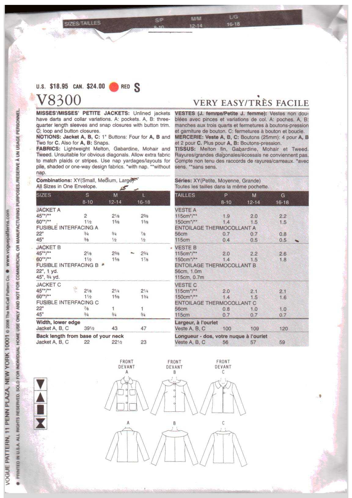 Vogue V8300 Jackets Size: XY S-M-L Uncut Sewing Pattern - Image 2