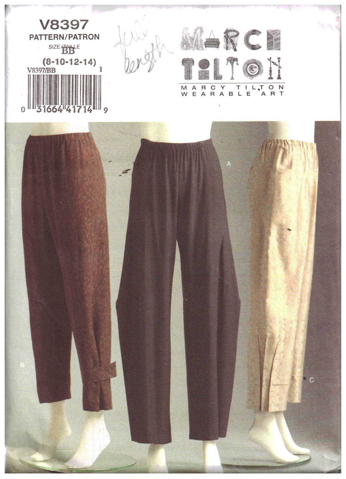 Vogue V8397 Pants by Marcy Tilton Size: BB 8-10-12-14 Uncut Sewing Pattern