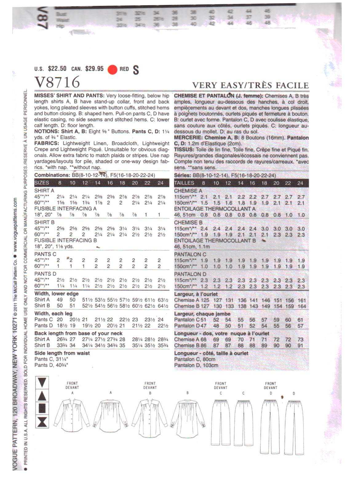Vogue V8716 Shirt, Pants Size: F5 16-18-20-22-24 Uncut Sewing Pattern - Image 2