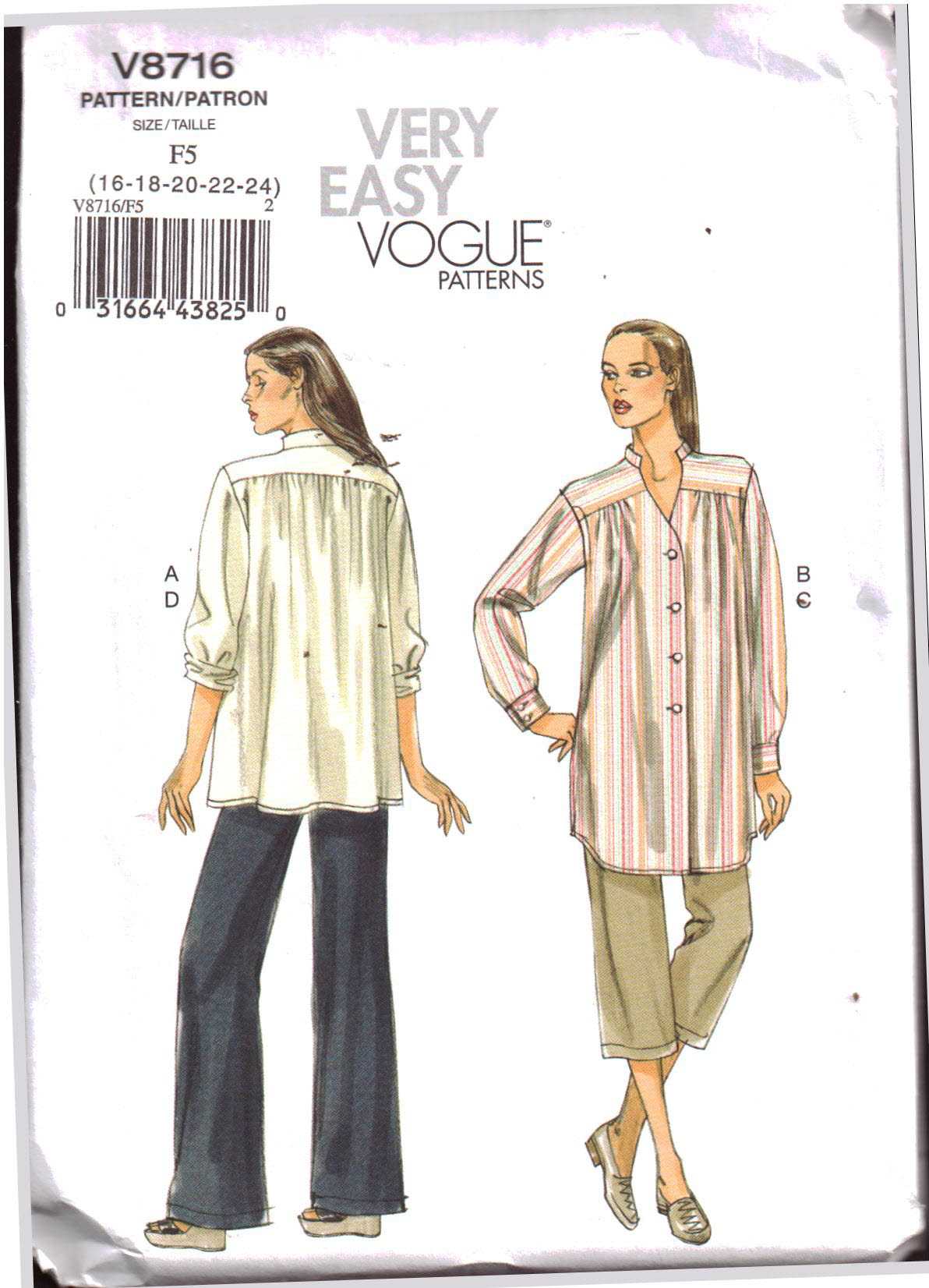 Vogue V8716 Shirt, Pants Size: F5 16-18-20-22-24 Uncut Sewing Pattern