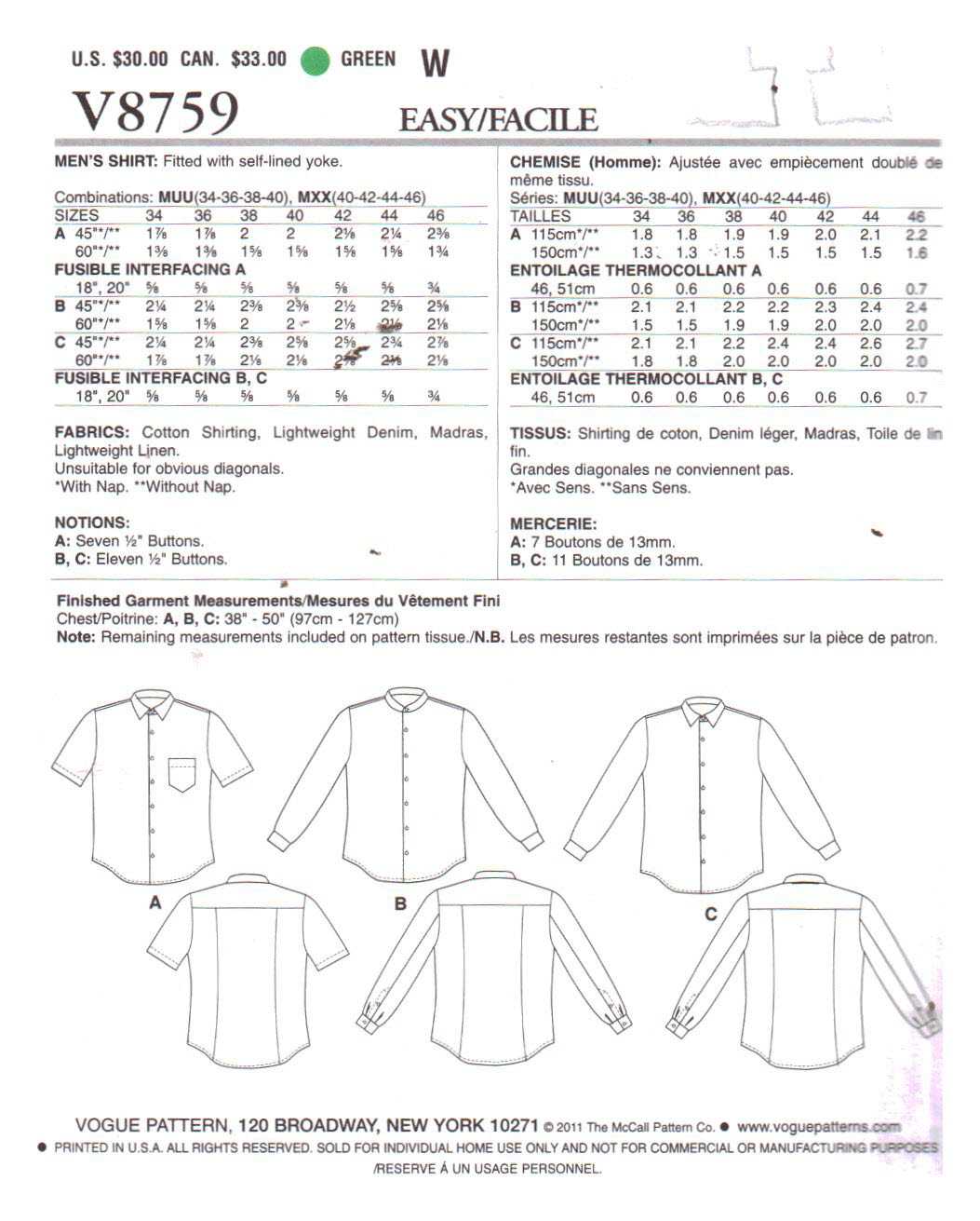 Vogue V8759 Men's Shirt Size: MUN 34-36-38-40 Uncut Sewing Pattern - Image 2