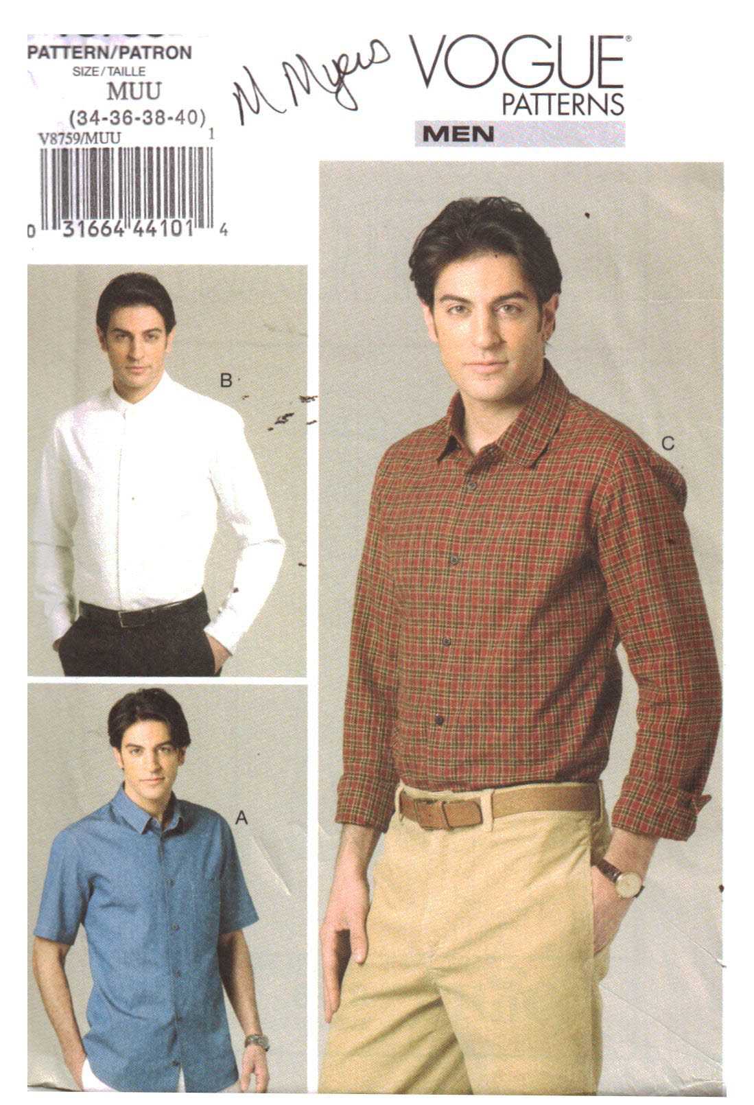 Vogue V8759 Men's Shirt Size: MUN 34-36-38-40 Uncut Sewing Pattern