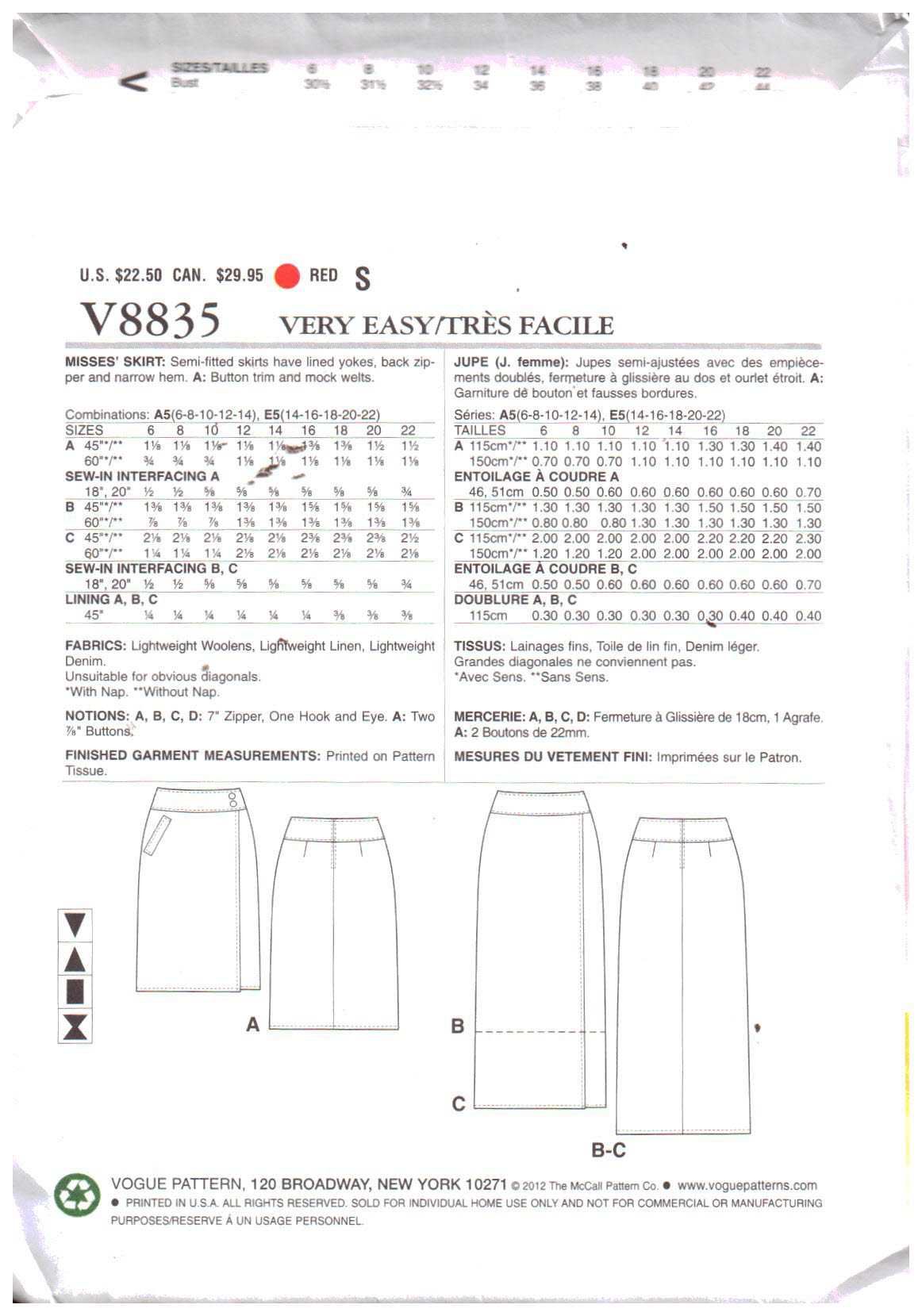 Vogue V8835 Skirt Size: A5 6-8-10-12-14 Uncut Sewing Pattern - Image 2